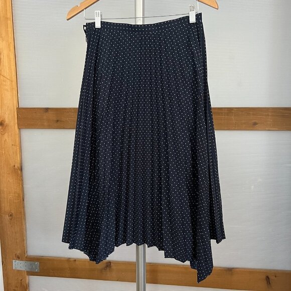 BR Fcty Asymmetrical Hem Navy White Polka Dot Lined Pleated Midi Skirt Sz 2 - Picture 7 of 11